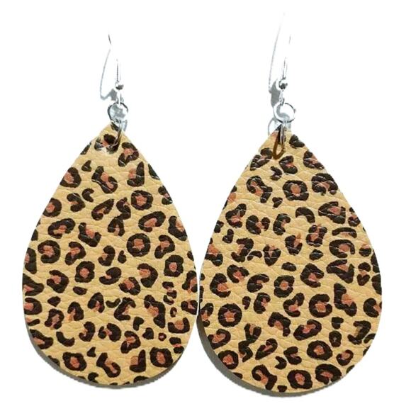 Leopard Cheetah Animal Print Boho Teardrop Vegan Leather Statement Earrings - Picture 1 of 2